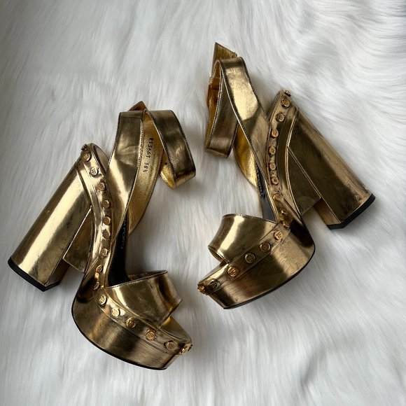 Tom Ford Women's Gold Metallic Ankle-Wrap Plataform Sandal Size 38.5 - Picture 7 of 11